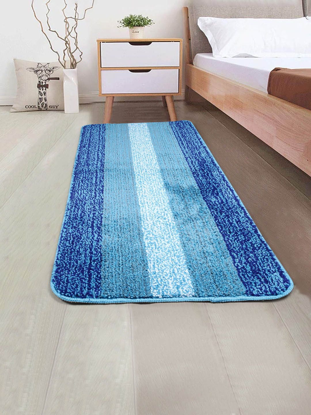 Saral Home Blue Striped Microfibre Runner Price in India