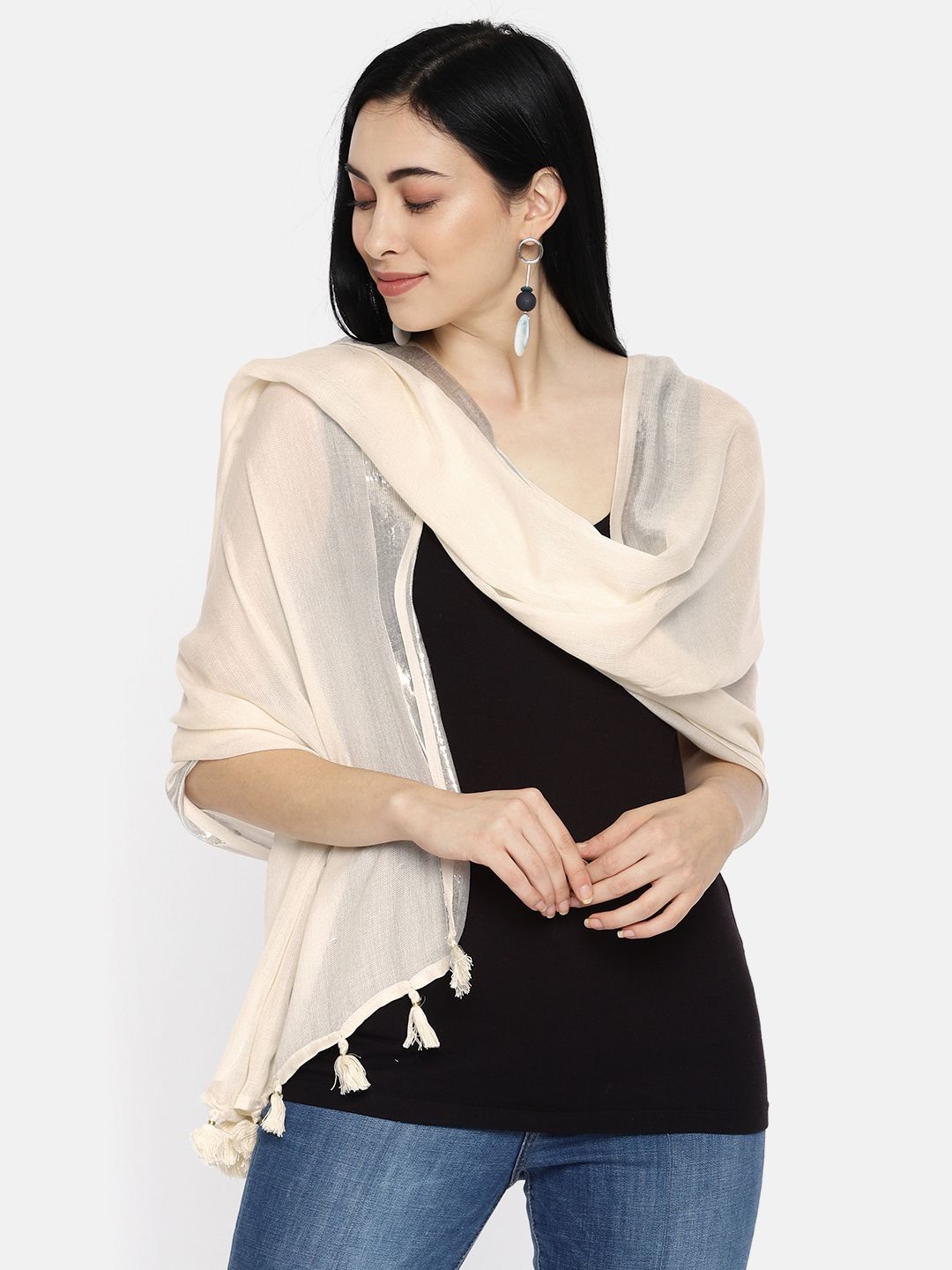Ayesha Women Off-White Solid Scarf with Shiny Silver Stripe & Tassel Border Price in India