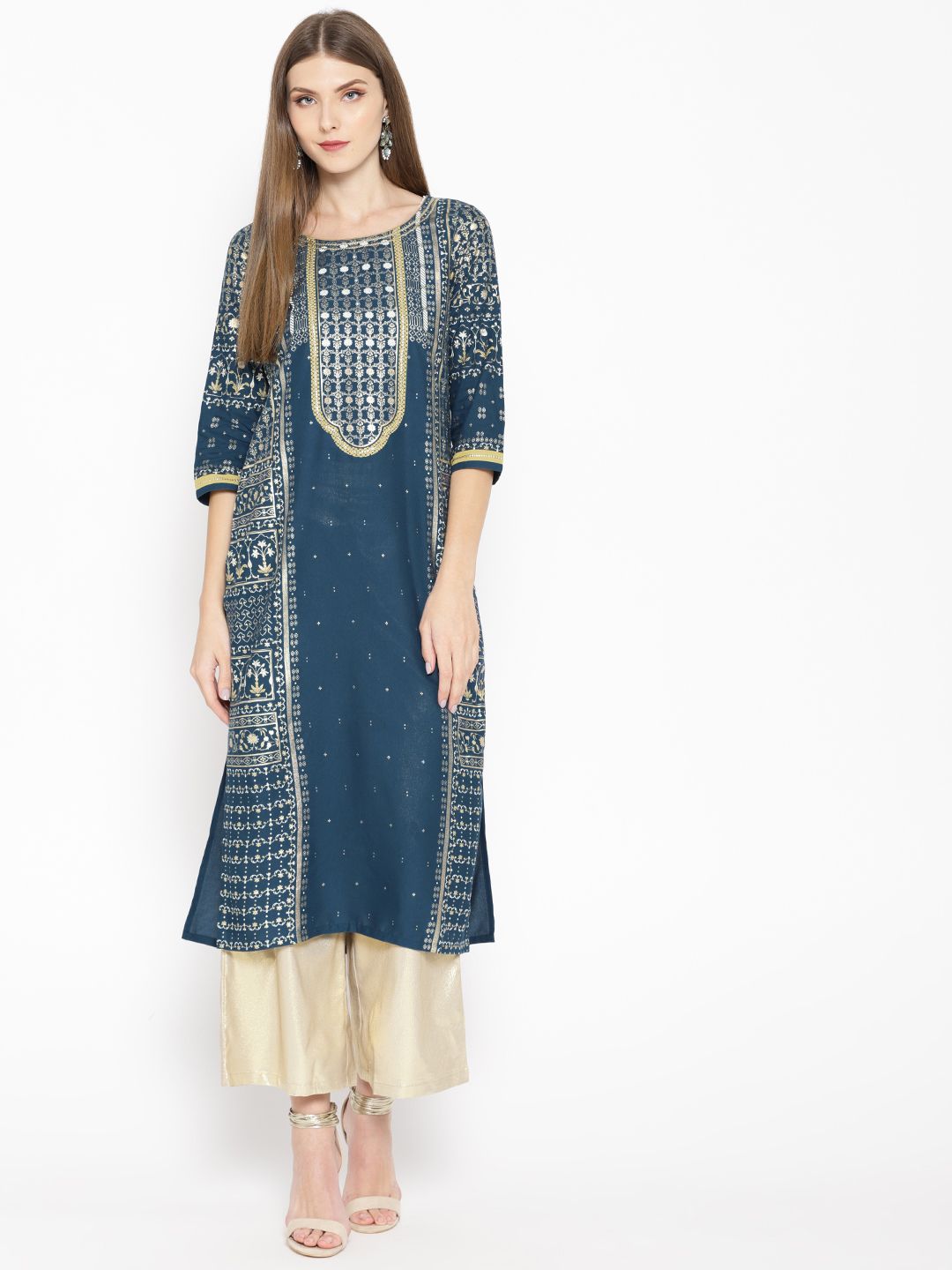 AURELIA Women Teal Blue & Golden Printed Straight Kurta Price in India