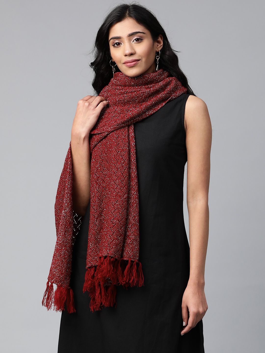 AURELIA Women Maroon & Silver Woven-Design Shawl Price in India