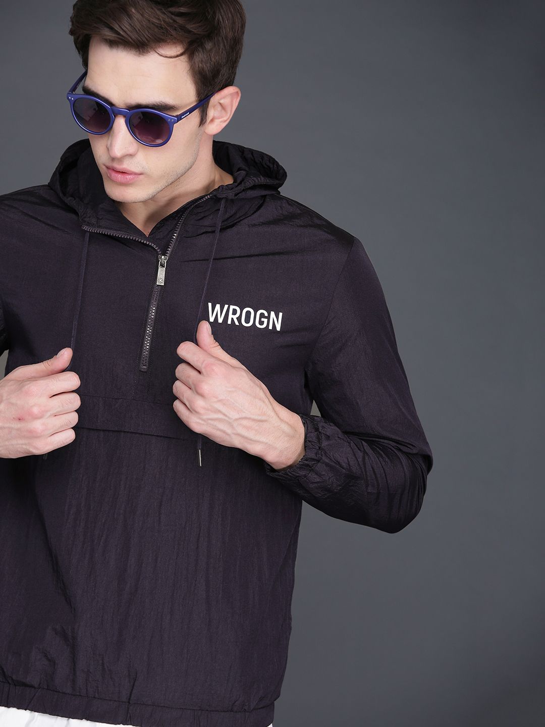 WROGN Men Navy Blue Solid Hooded Sporty Lightweight Jacket
