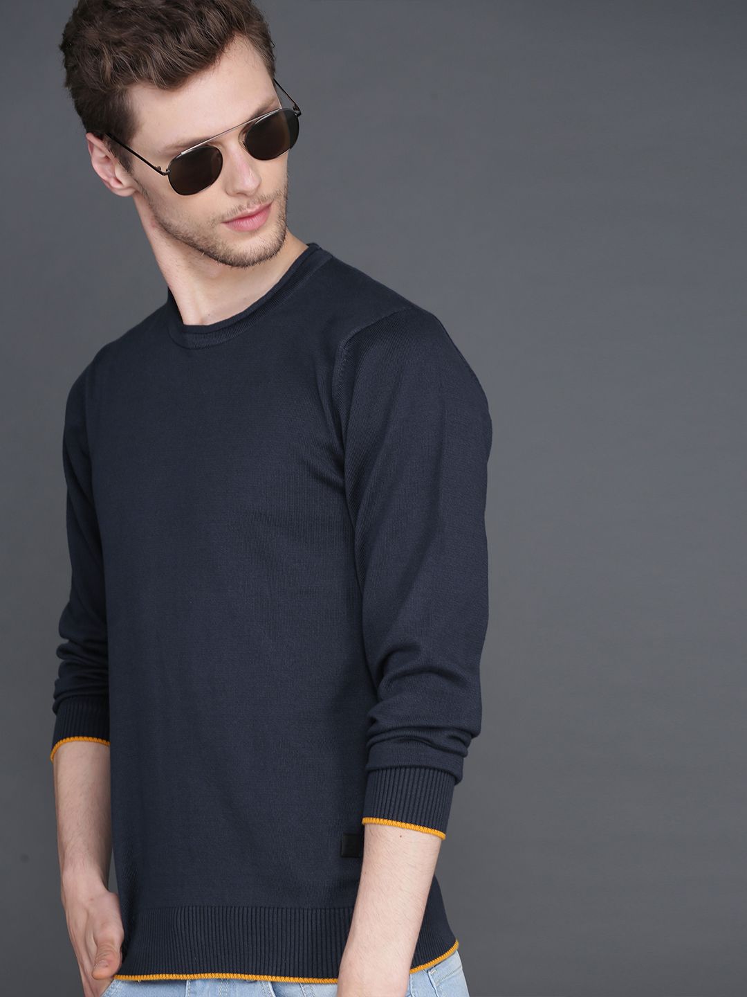 WROGN Men Navy Blue Solid Sweater