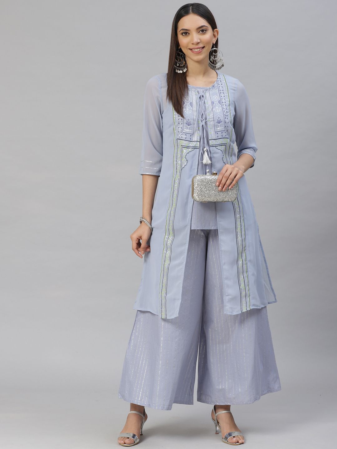 AURELIA Women Blue & Silver Printed Tunic with Palazzos & Ethnic Jacket