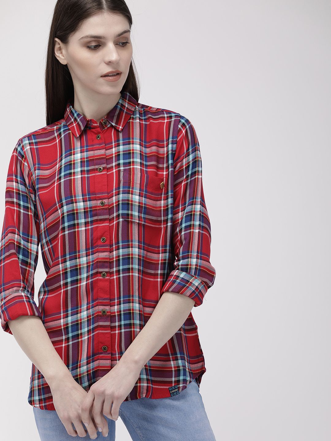 Superdry Women Red & Blue Regular Fit Checked Casual Shirt