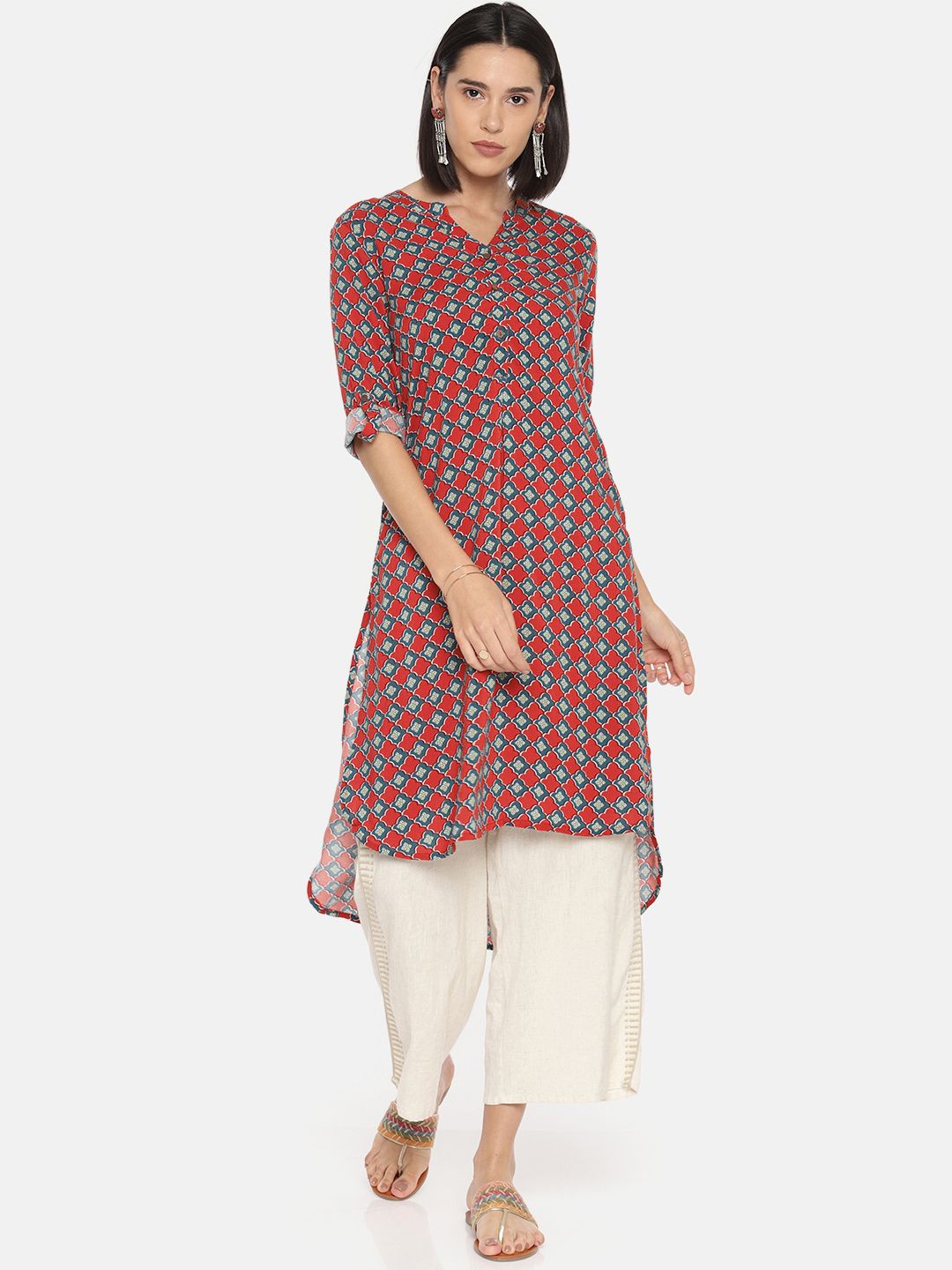 Global Desi Women Rust Red & Navy Blue Printed High-Low Tunic Price in India
