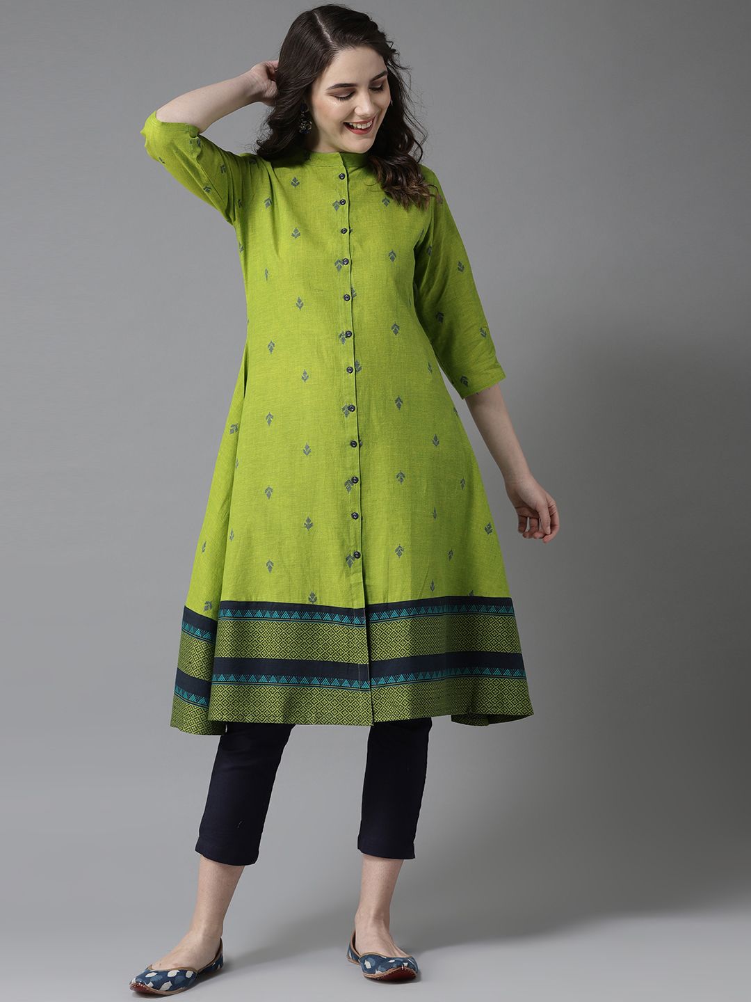 HERE&NOW Women Green & Navy Blue Woven Design A-Line Kurta Price in India