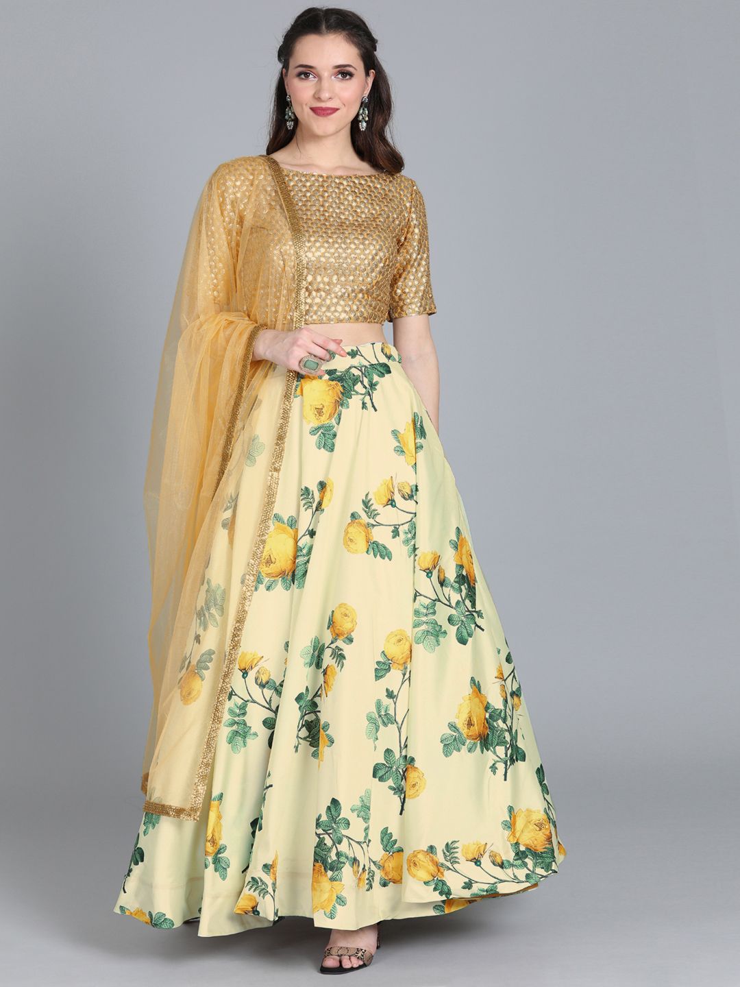 EthnoVogue Beige & Yellow Printed Made to Measure Lehenga & Blouse with Dupatta Price in India