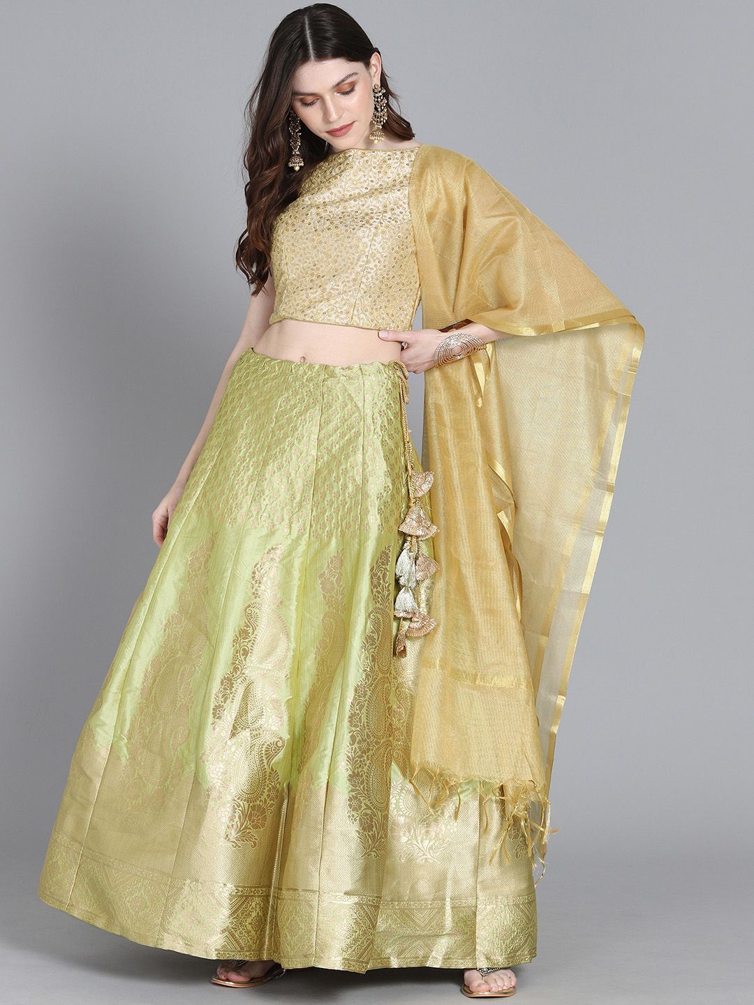 EthnoVogue Sea Green & Gold-Toned Embroidered Made to Measure Lehenga & Blouse with Dupatta Price in India