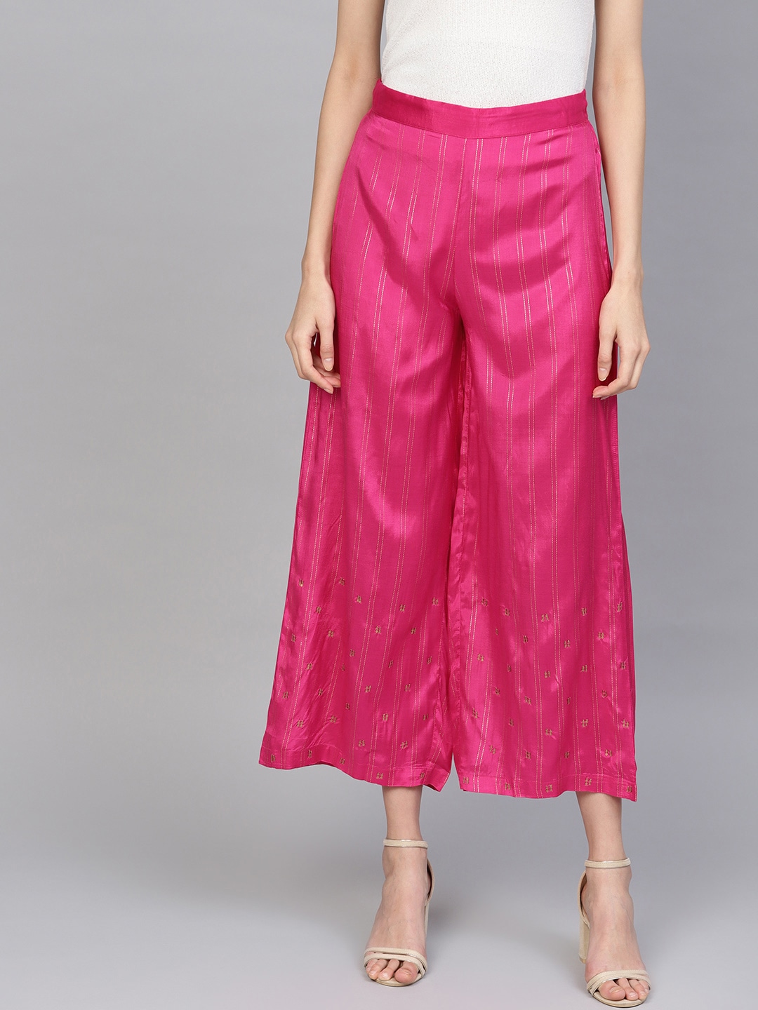 W Women Pink & Golden Striped Cropped Wide Leg Palazzos Price in India