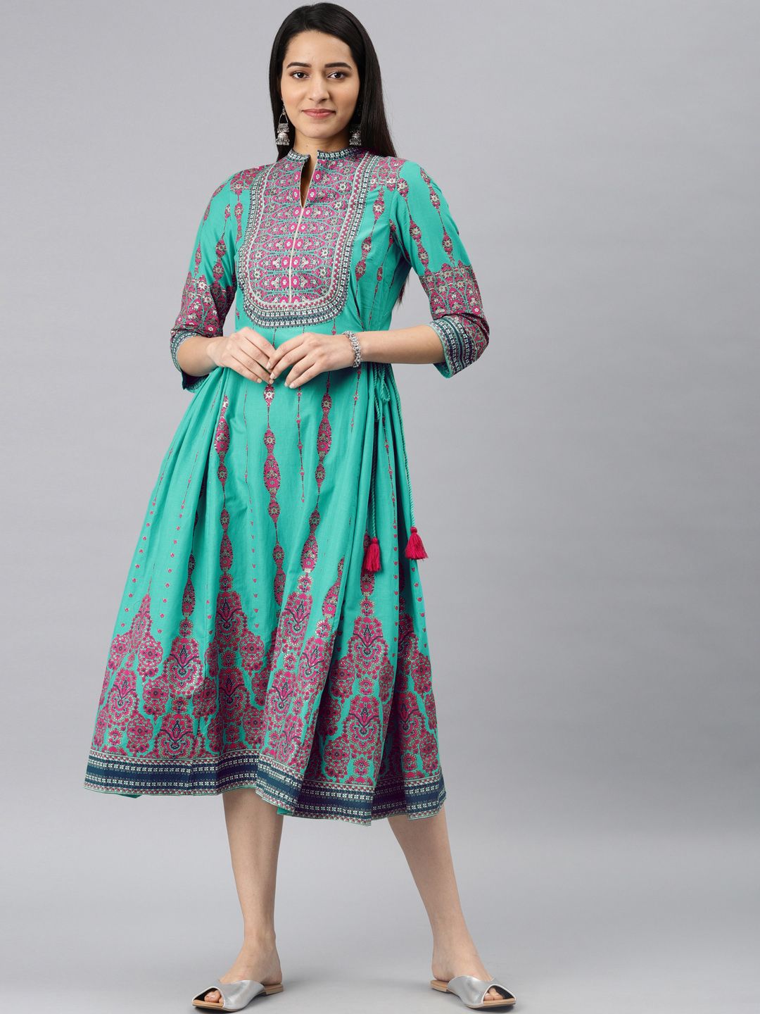 W Women Teal Blue & Pink A-Line Ethnic Dress