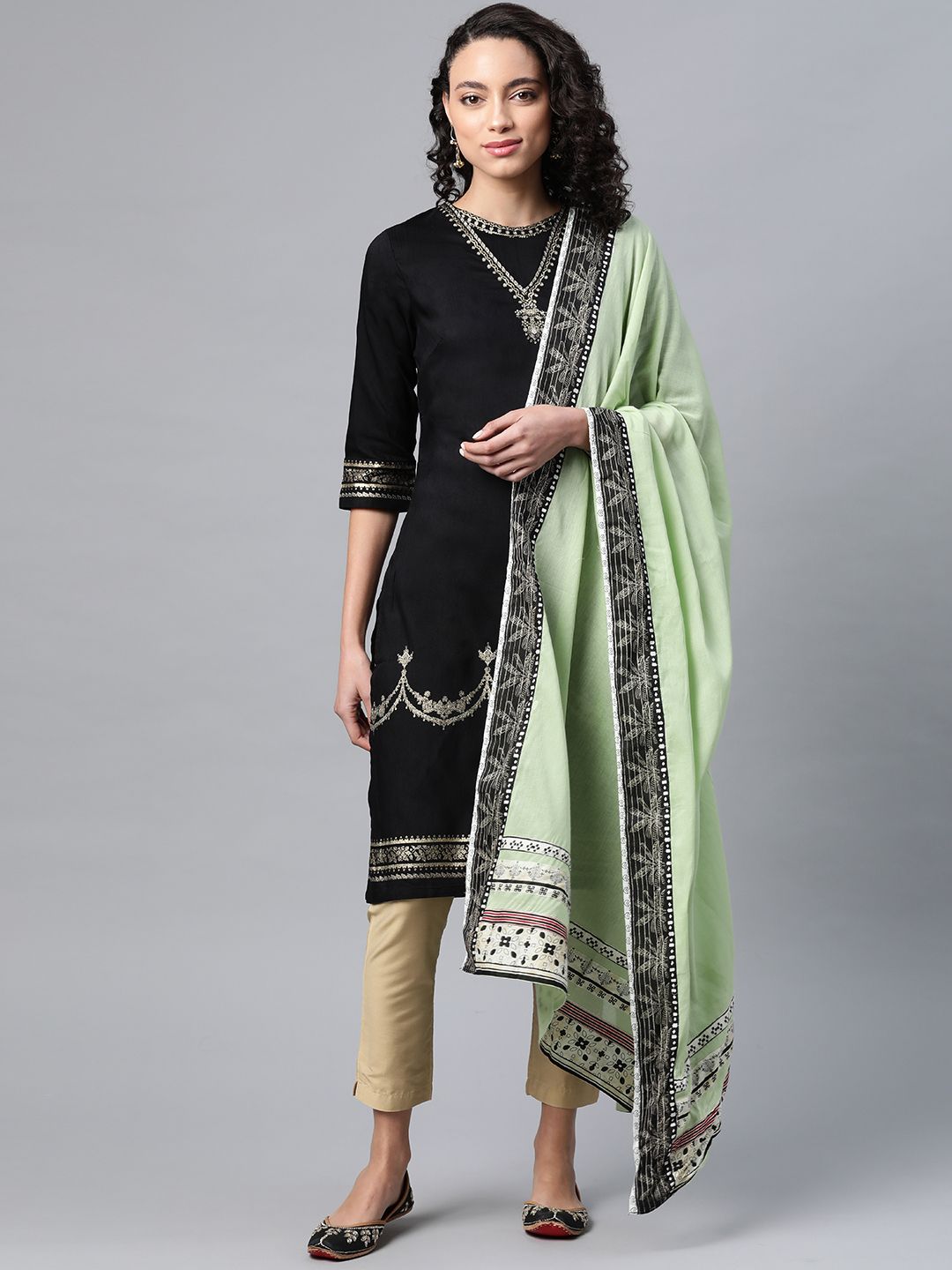 W Lime Green & Black Solid Pure Cotton Dupatta