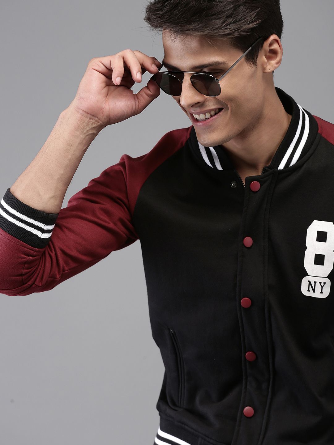 HERE&NOW Men Black & Red Solid Varisty Jacket