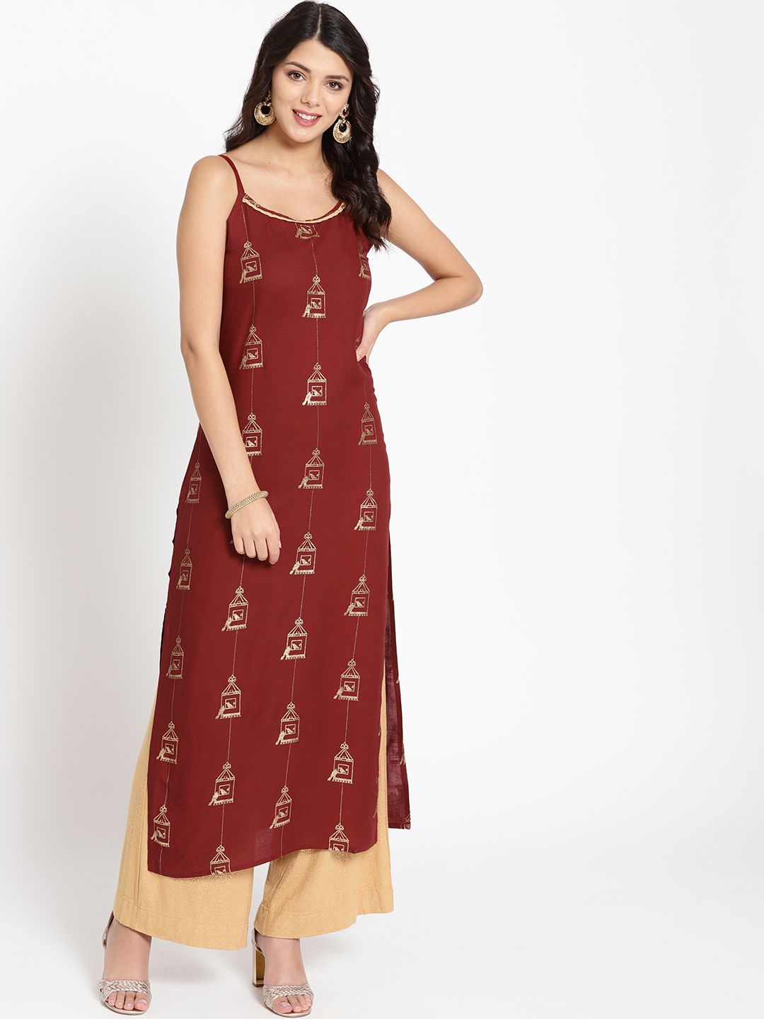 HERE&NOW Women Maroon & Golden Quirky Print Straight Kurta Price in India