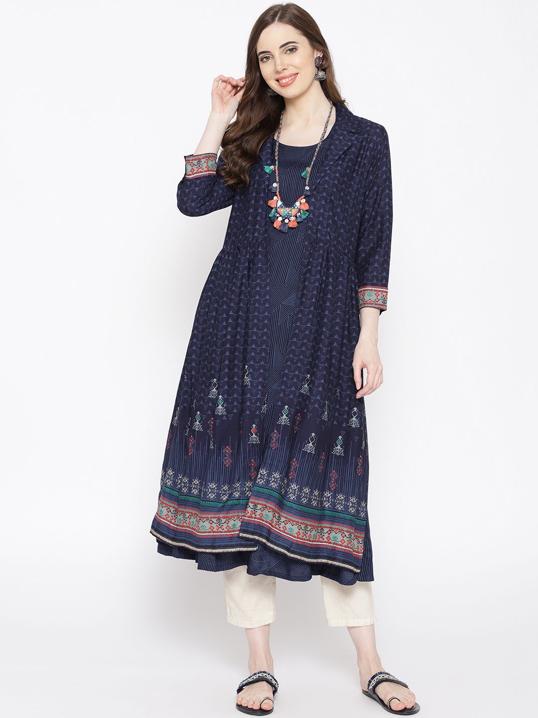 Biba Women Navy Blue & Pink Printed A-Line Kurta with Layer