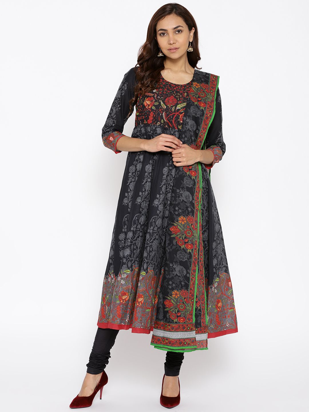 Biba Women Black & Charcoal Grey Printed Kurta with Churidar & Dupatta