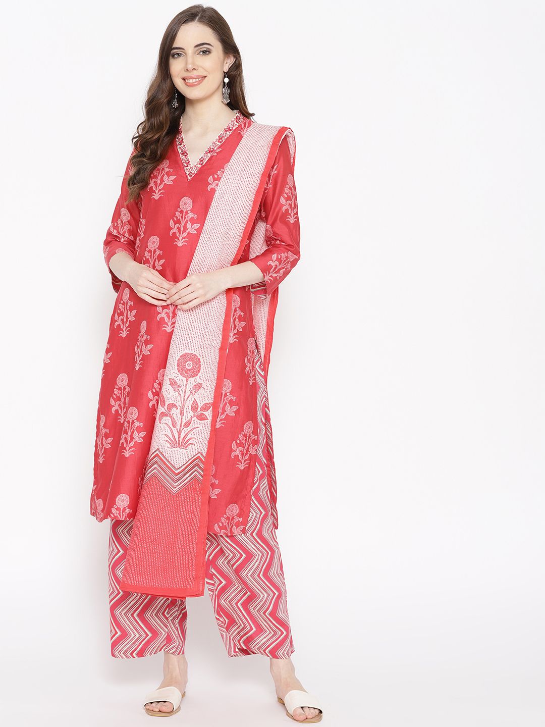 Biba Women Coral Red & Off-White Printed Kurta with Palazzos & Dupatta