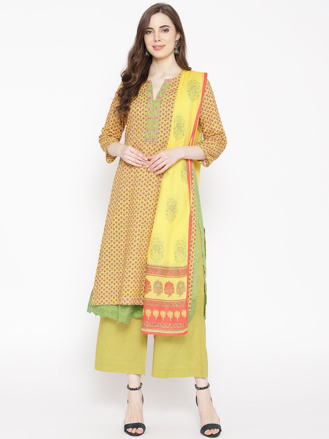 Biba Women Yellow & Green Block Print Kurta with Palazzos & Dupatta