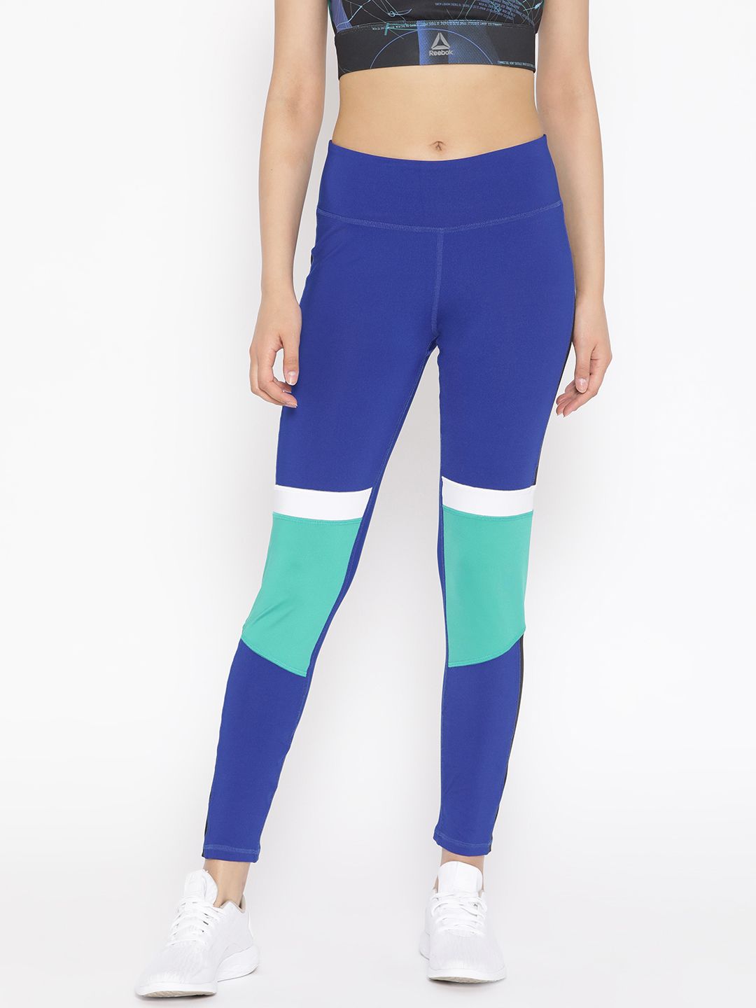 Reebok Women Blue & Green Training Work Out Meet You There Paneled Tights Price in India