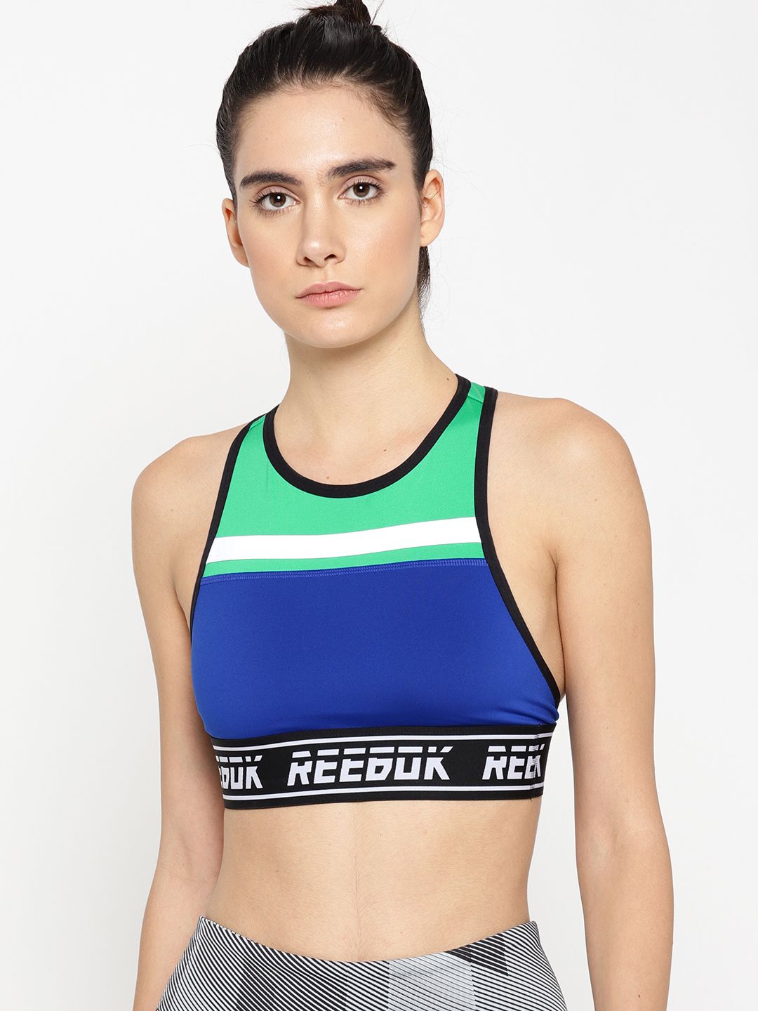 Reebok Women Green & Blue Colourblocked Workout Ready Meet You There Sports Bra DY8114 Price in India