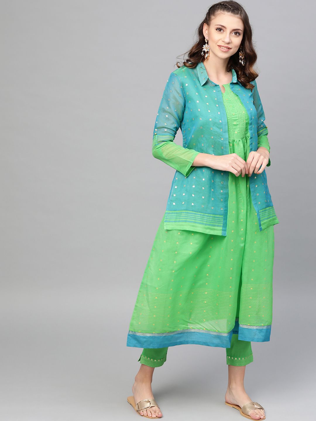 W Women Green & Golden Printed Kurta & Trousers With Ethnic Jacket Price in India