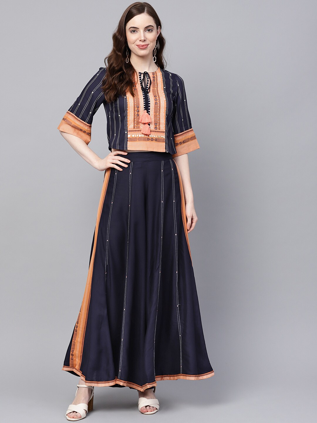 W Women Navy Blue & Peach-Coloured Striped Top with Palazzos Price in India