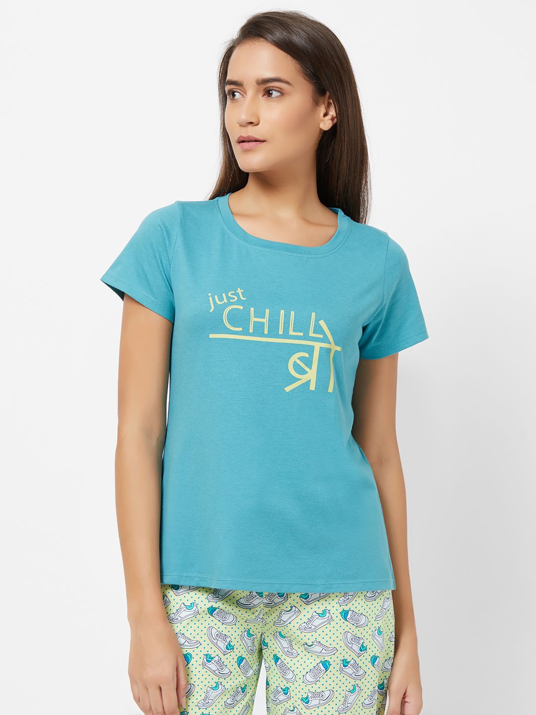 Soie Women Turquoise Blue Printed Lounge T-shirts Price in India