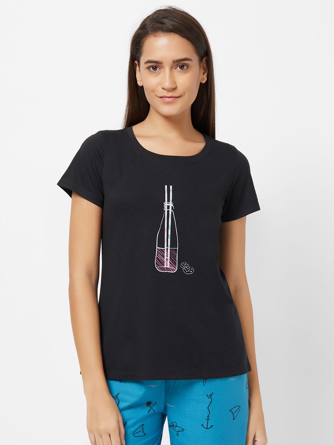 Soie Women Black Printed Lounge T-shirts Price in India