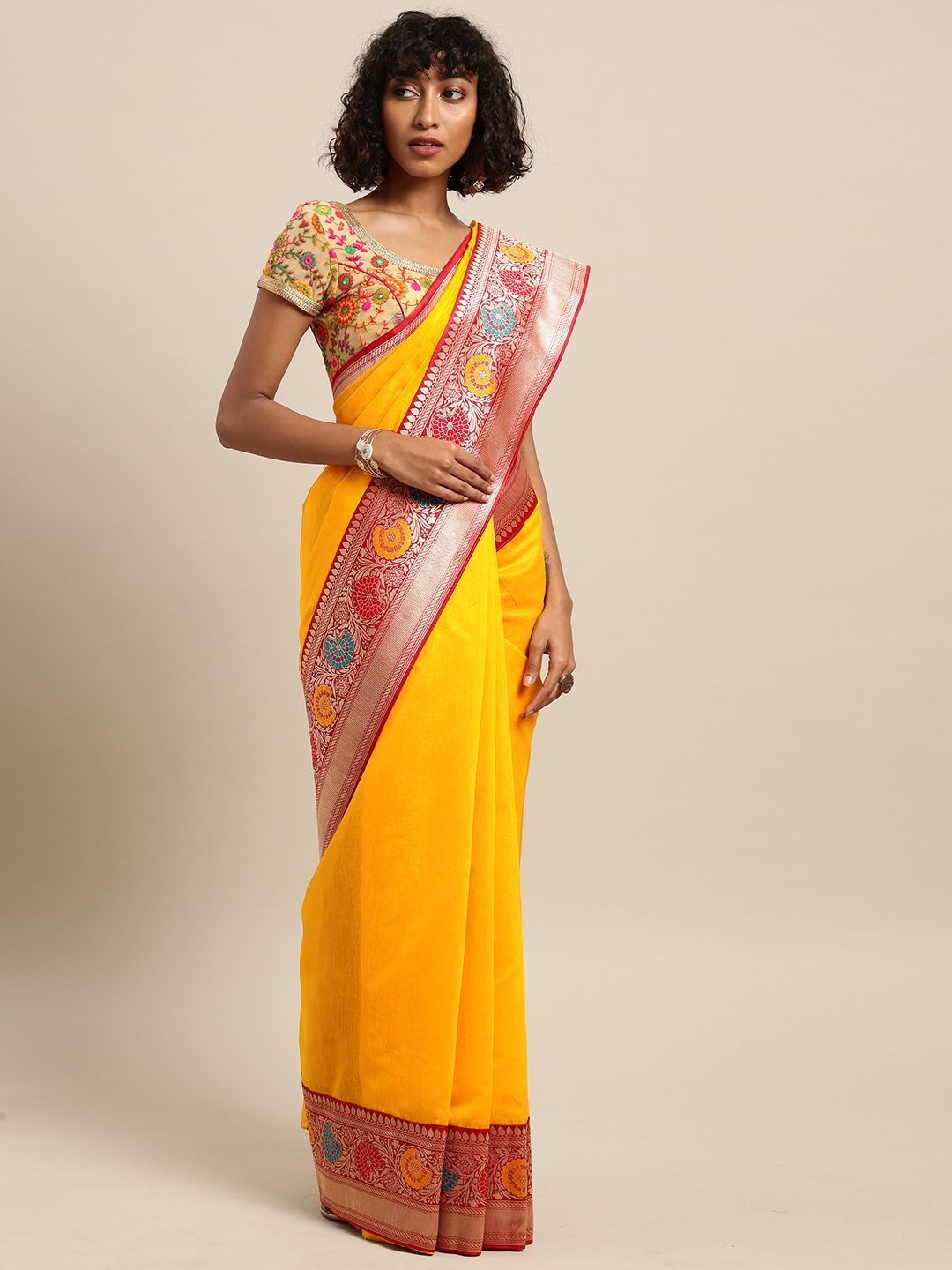 Varkala Silk Sarees Mustard Yellow & Red Cotton Blend Solid Banarasi Saree Price in India