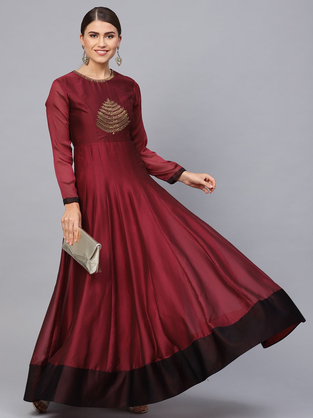 Inddus Women Maroon Embroidered Detail Anarkali Festive Gown Price in India