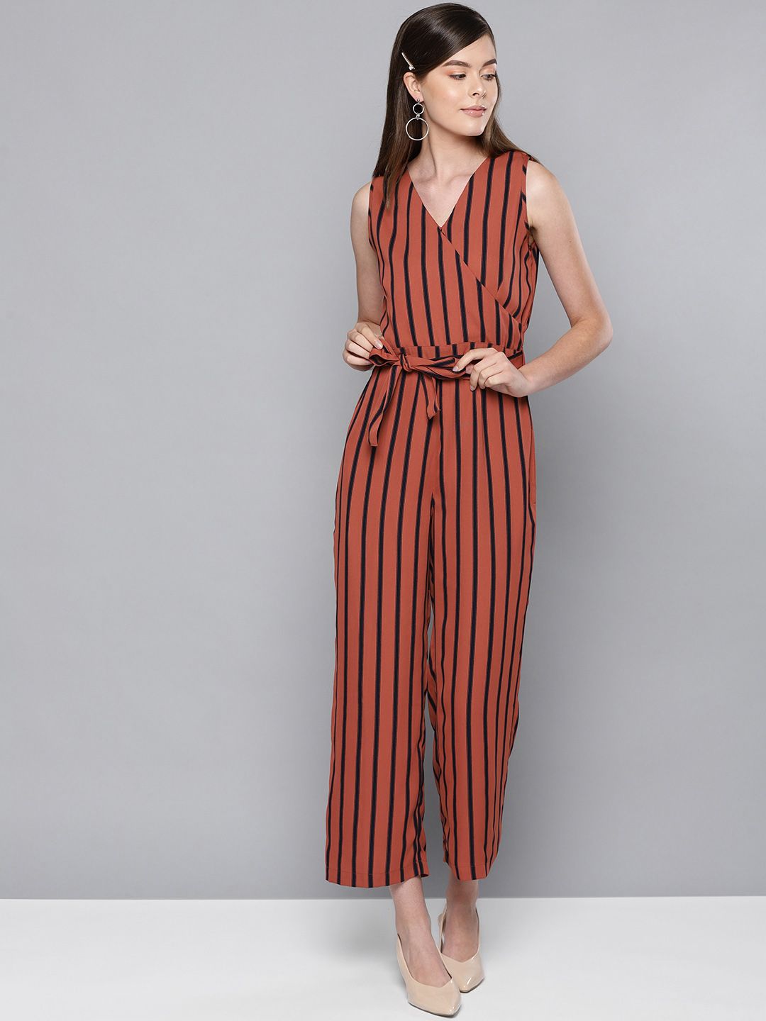 STREET 9 Women Rust Red & Black Striped Basic Jumpsuit Price in India