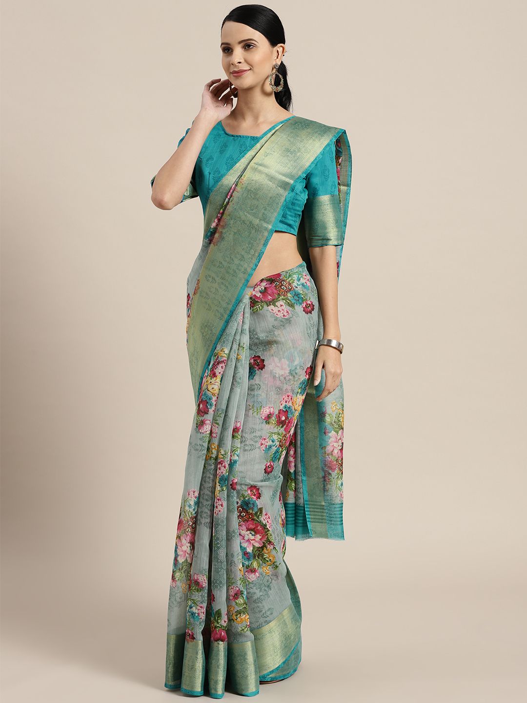 Saree mall Sea Green & Pink Linen Blend Printed Saree