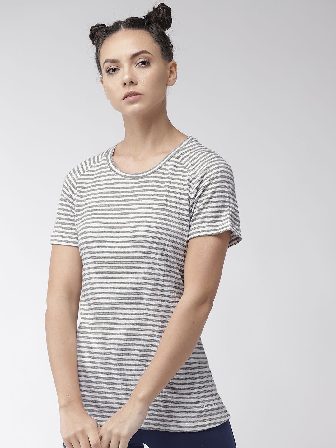Alcis Women Black & Off-White Striped Round Neck T-shirt Price in India