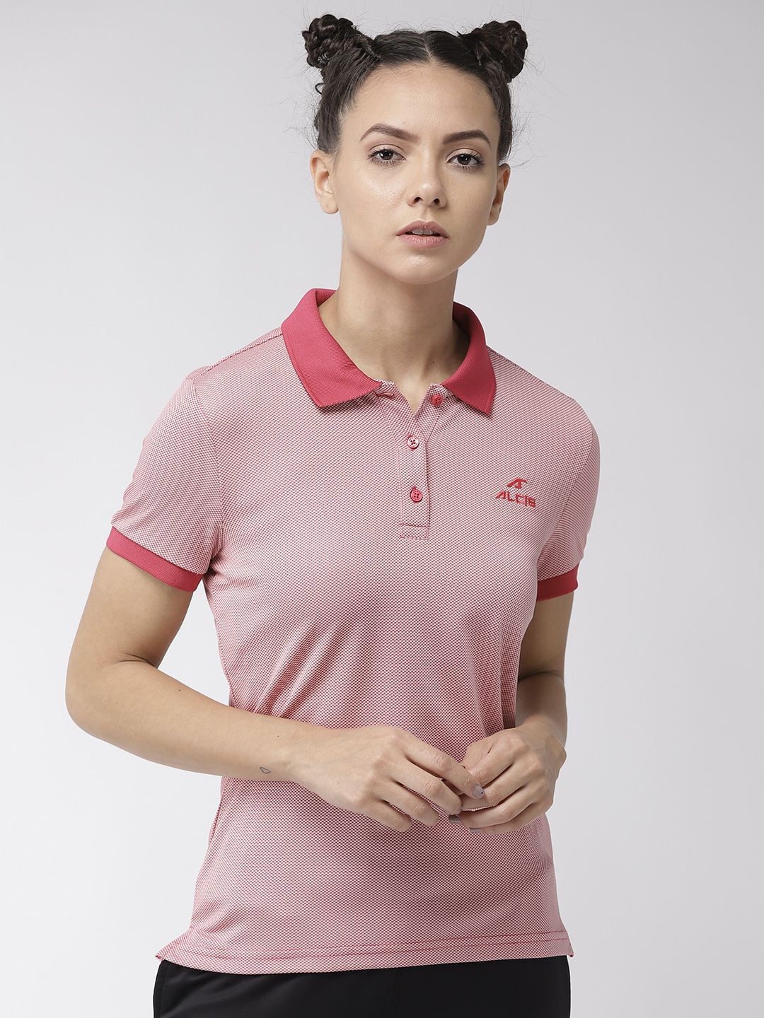 Alcis Women Red & Off-White Solid Polo Collar T-shirt Price in India