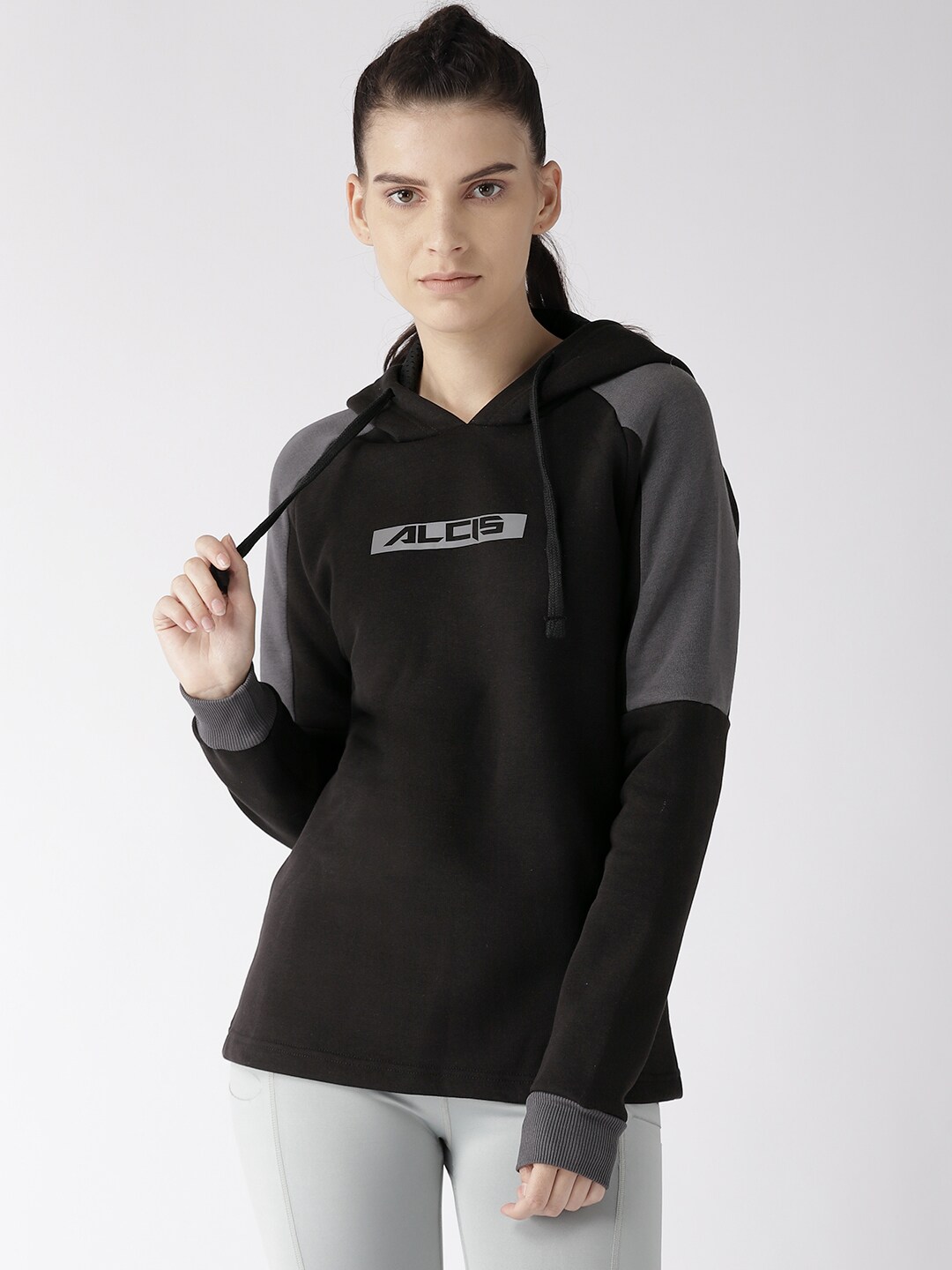 Alcis Women Black & Charcoal Grey Printed Detail Hooded Sweatshirt Price in India