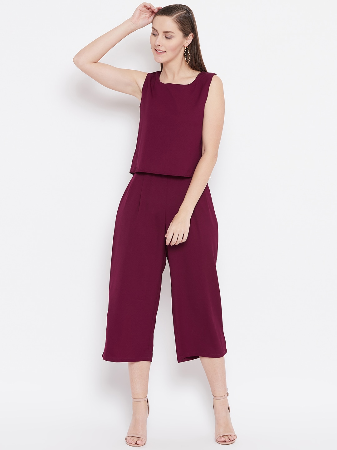 Belle Fille Women Burgundy Solid Layered Culotte Jumpsuit Price in India
