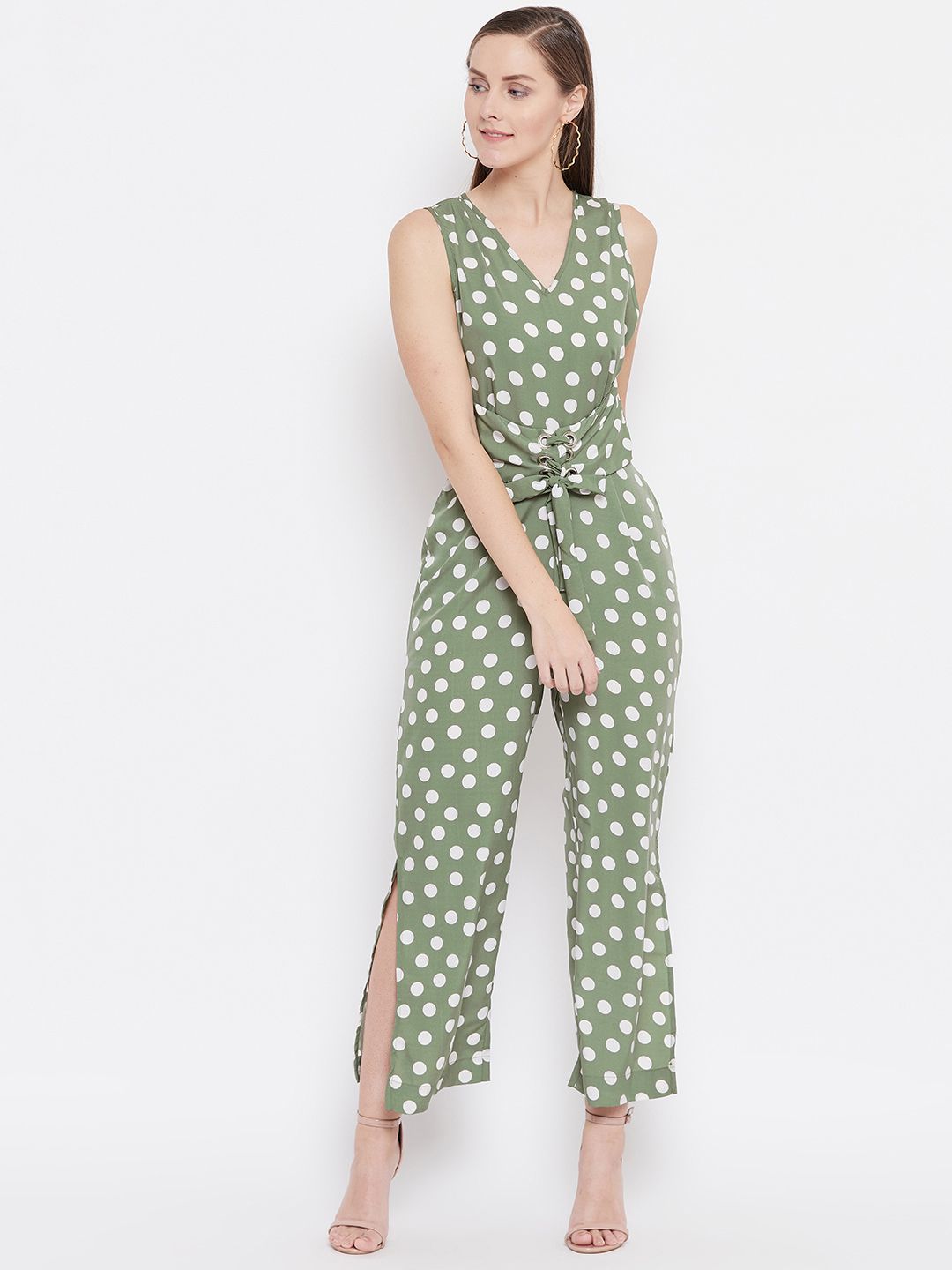 Belle Fille Women Olive Green & White Polka Dot Print Basic Jumpsuit Price in India