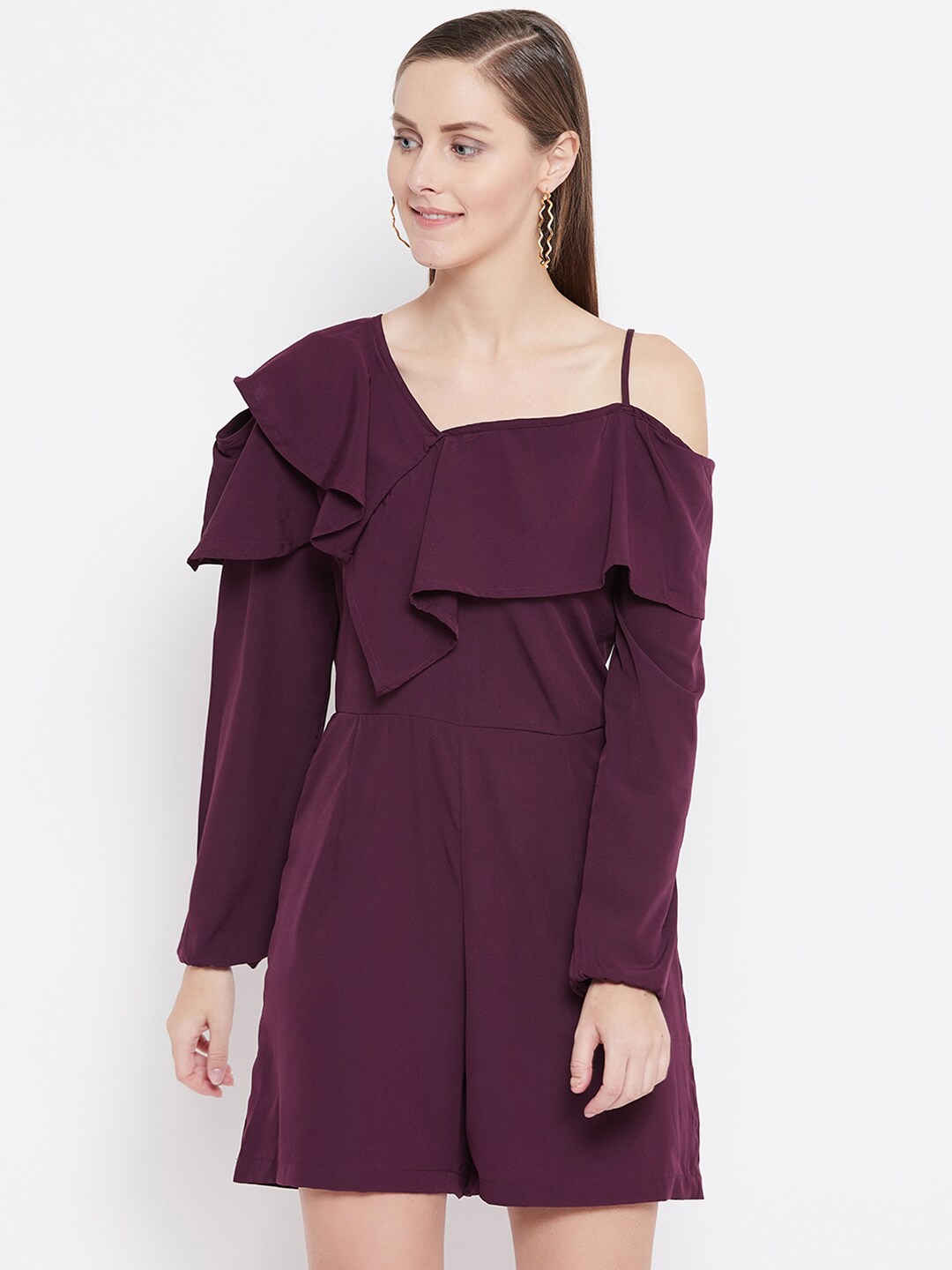 Belle Fille Women Burgundy One-Shoulder Solid Playsuit Price in India