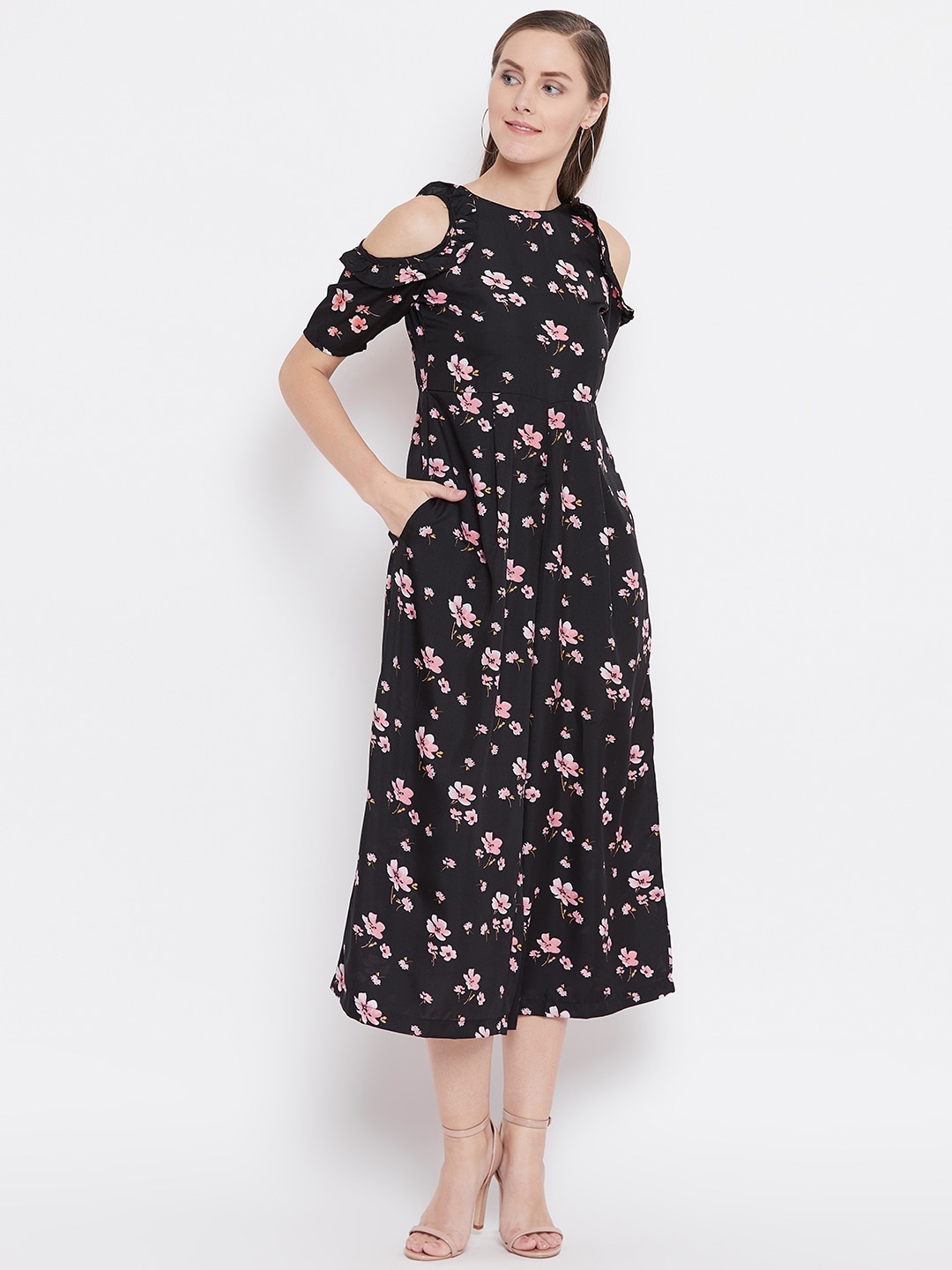 Belle Fille Women Black & Peach-Coloured Cold-Shoulder Printed Culotte Jumpsuit Price in India