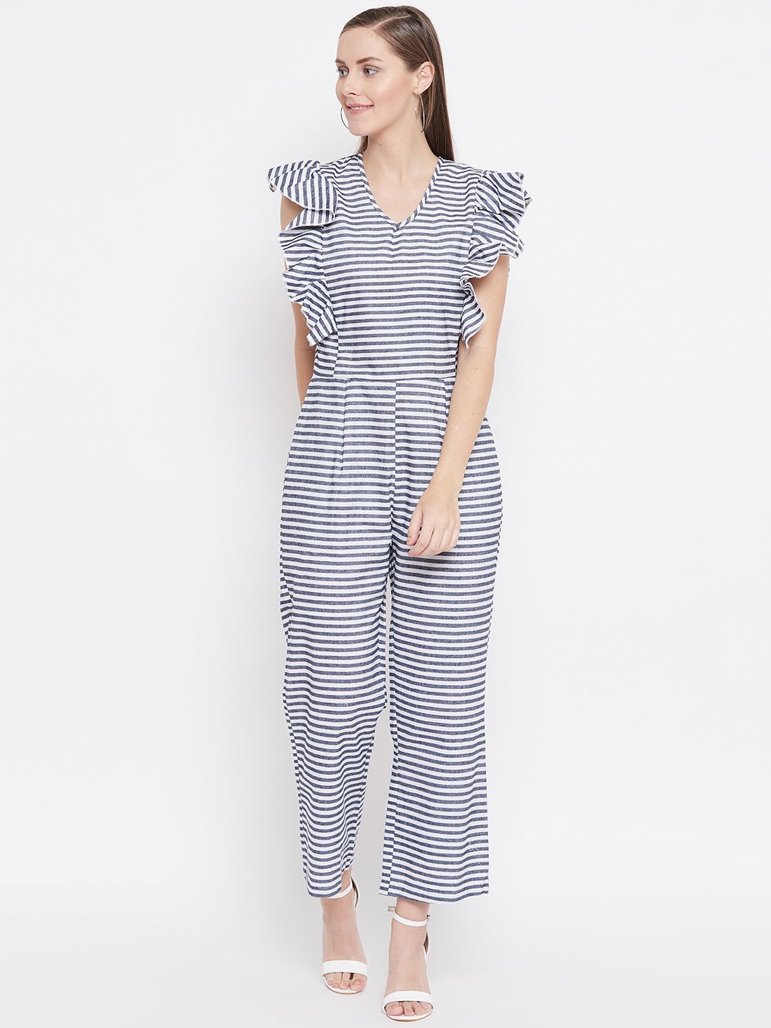 Belle Fille Women White & Navy Blue Striped Basic Jumpsuit Price in India