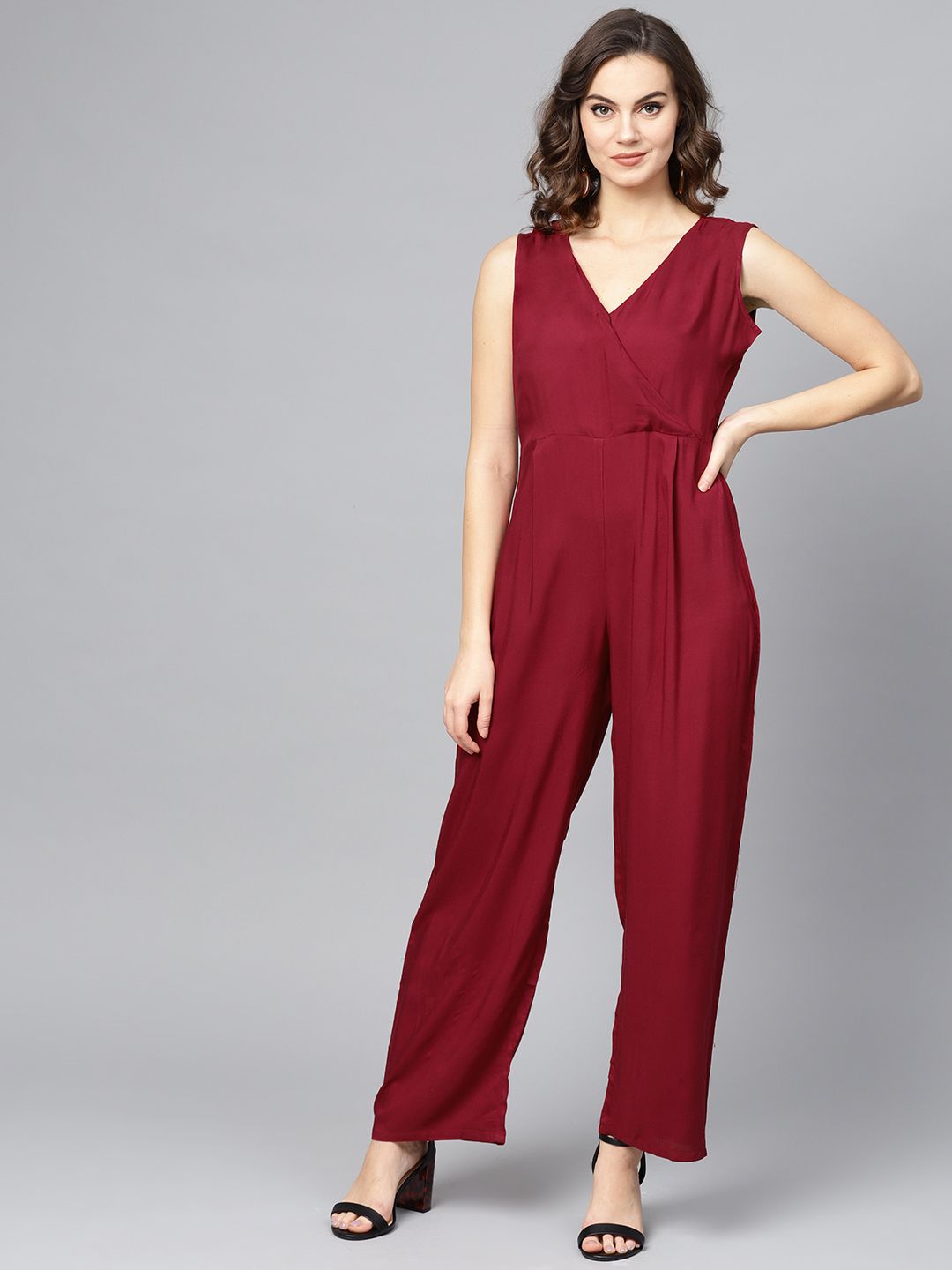 Ives Women Maroon Solid Basic Jumpsuit Price in India