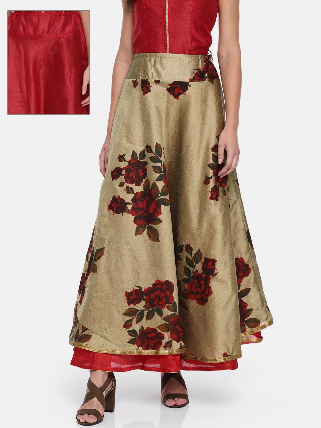Ira Soleil Women Gold-Toned Printed Reversible Flared Maxi Skirt