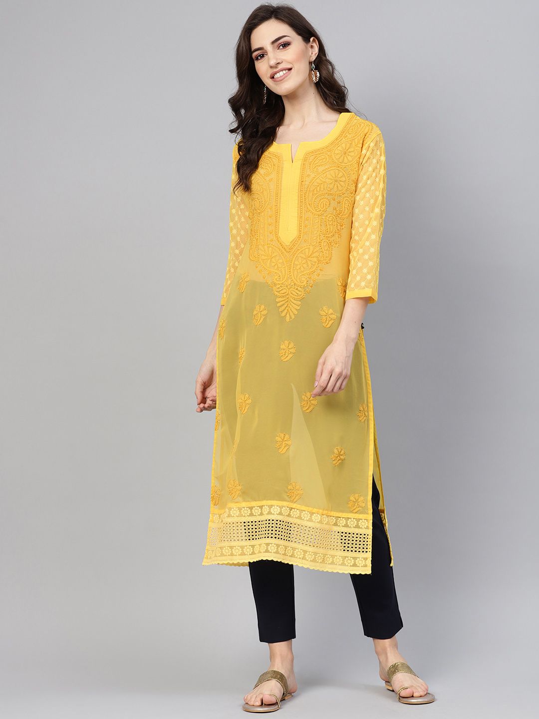 Saadgi Women Yellow Chikankari Embroidered Handblock Sheer Straight Kurta Price in India