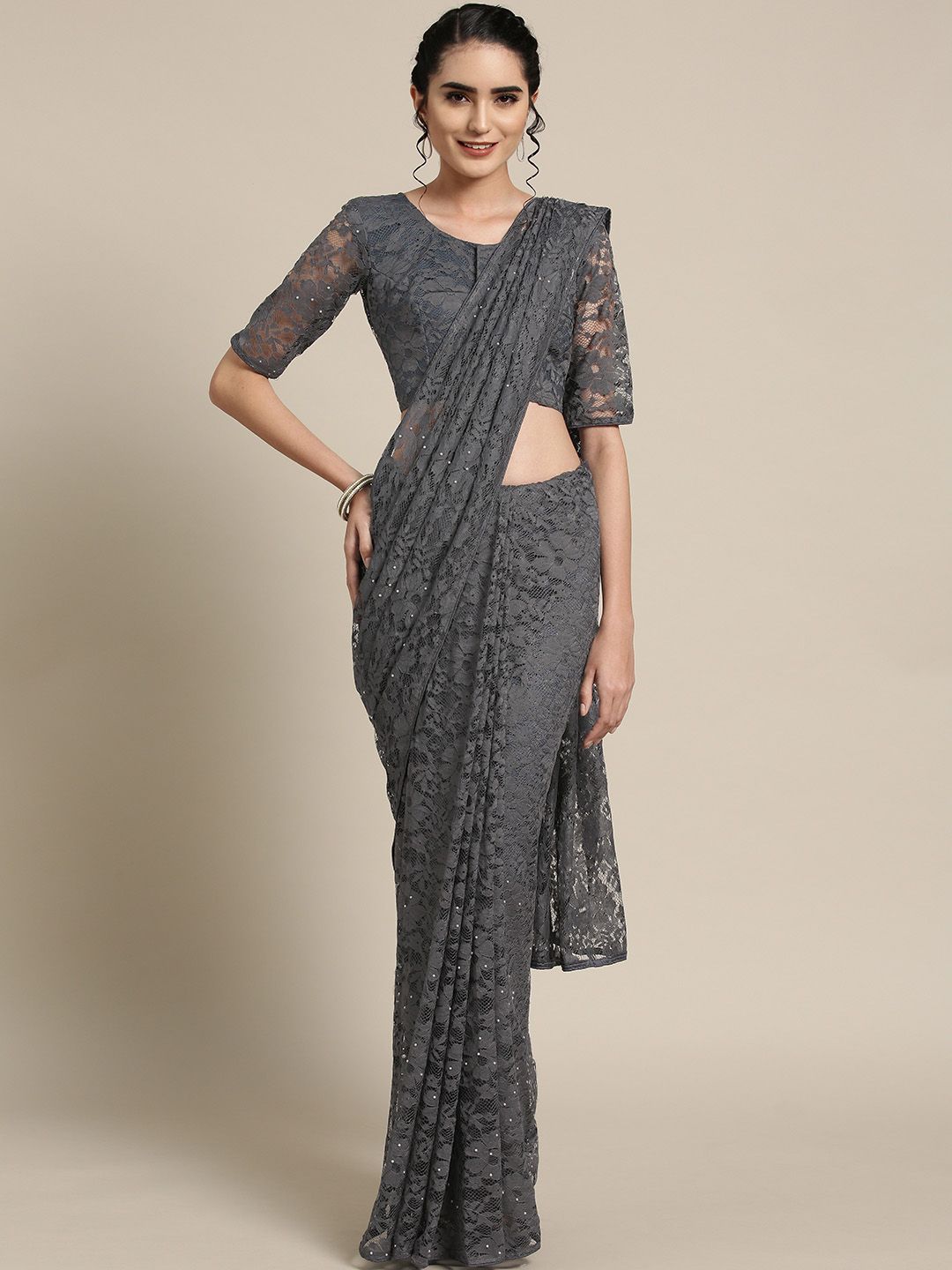 Saree mall Charcoal Grey Embelished Detail Lace Saree Price in India