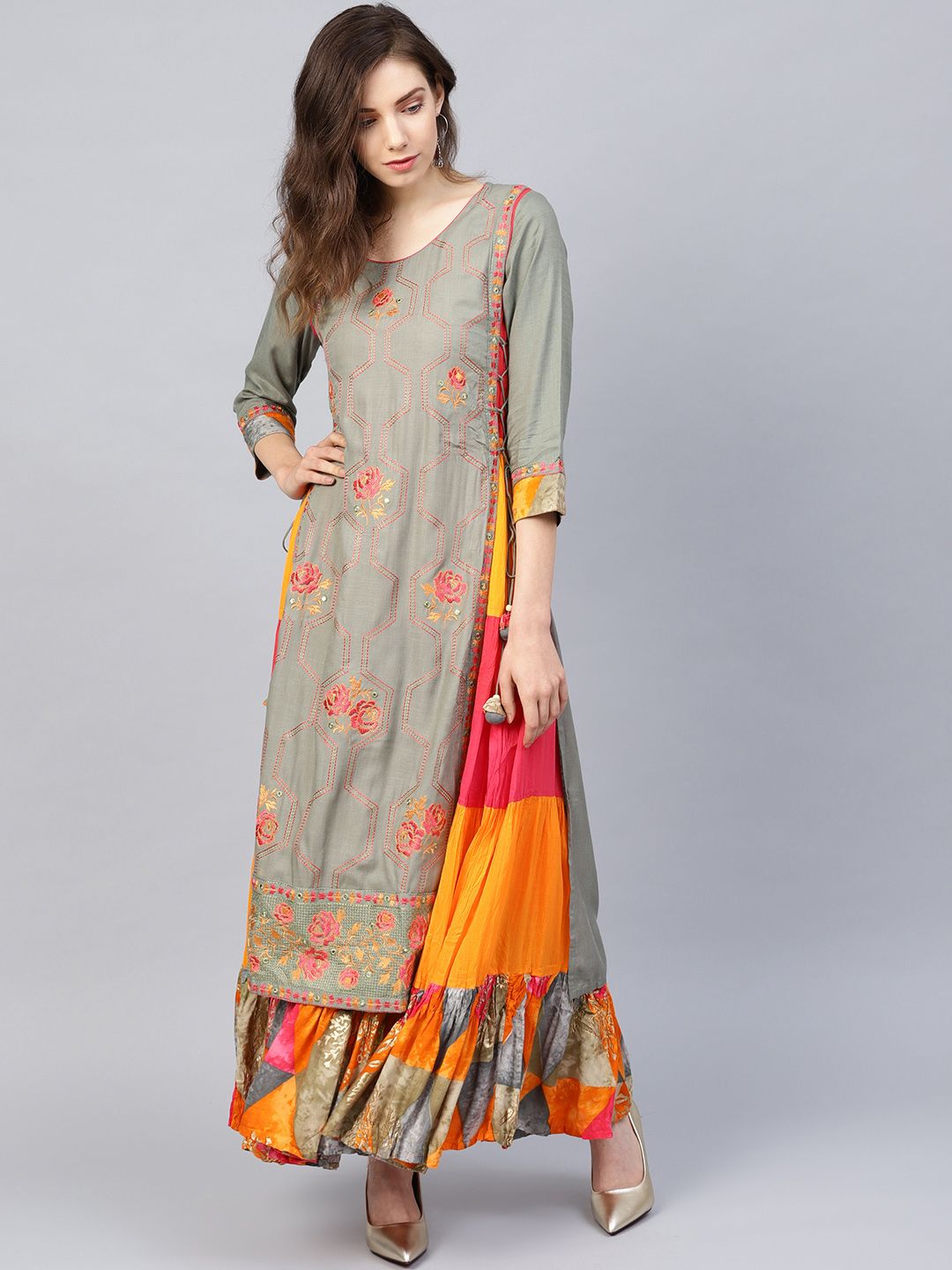 Ishin Women Grey & Pink Embroidered Layered A-Line Kurta Price in India