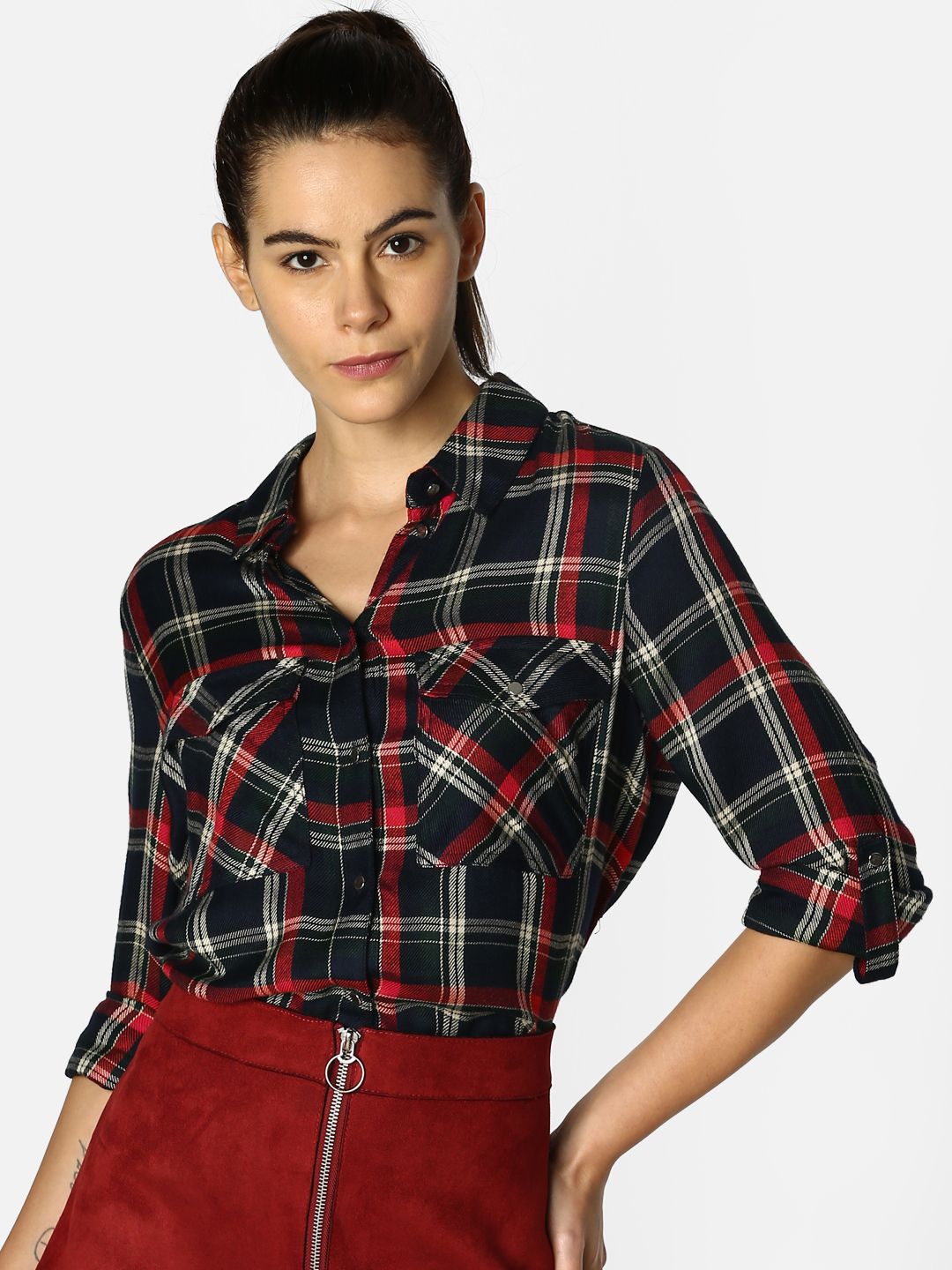 ONLY Women Navy Blue & Red Regular Fit Checked Casual Shirt