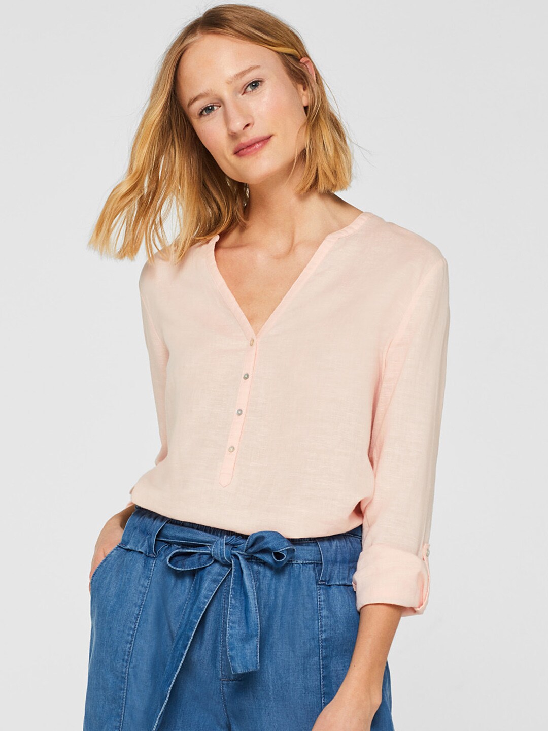 ESPRIT Women Peach-Coloured Solid Shirt Style Top Price in India