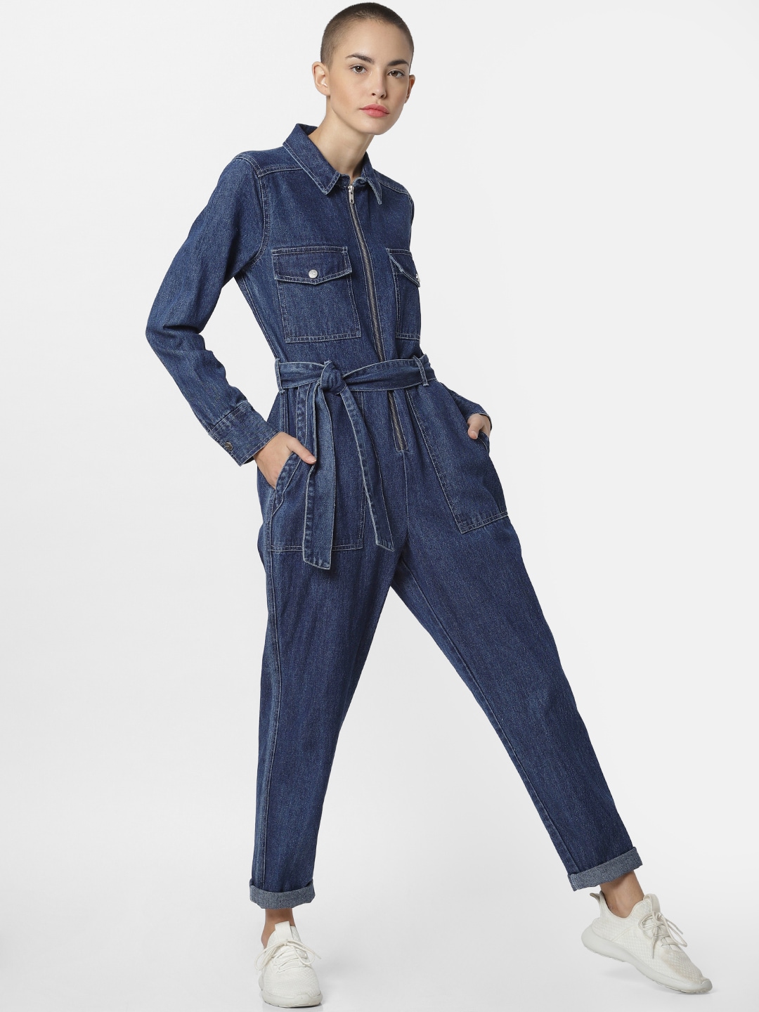 ONLY Women Denim Blue Solid Basic Jumpsuit Price in India