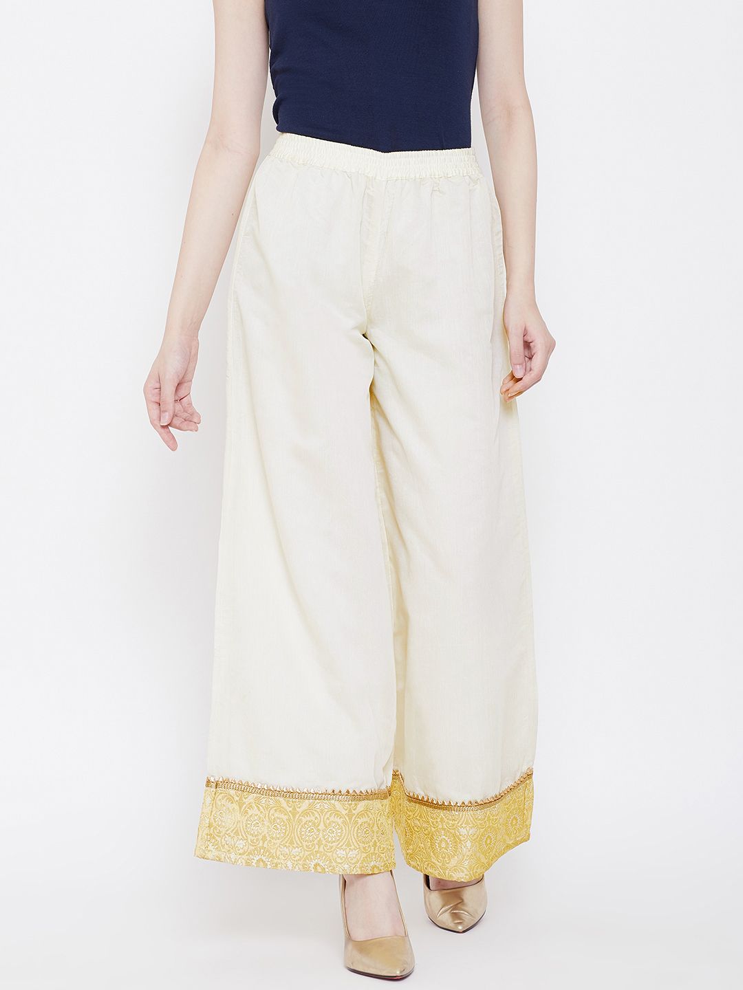 Be Indi Women Cream-Coloured  Solid Wide Leg Palazzos Price in India