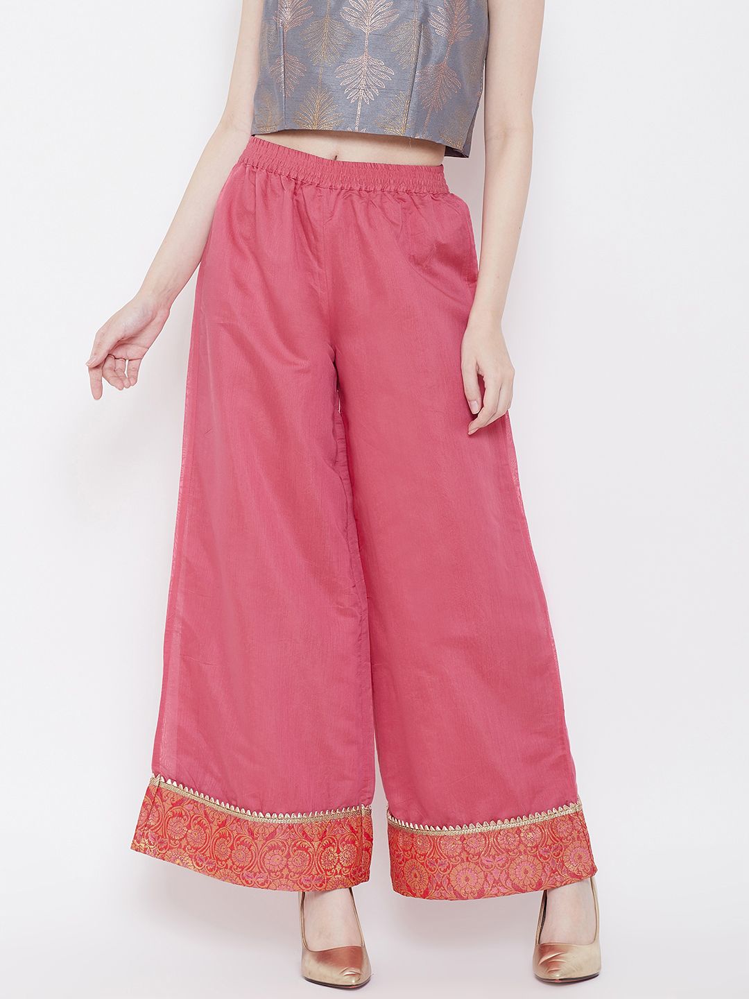 Be Indi Women Pink Solid Wide Leg Palazzos Price in India