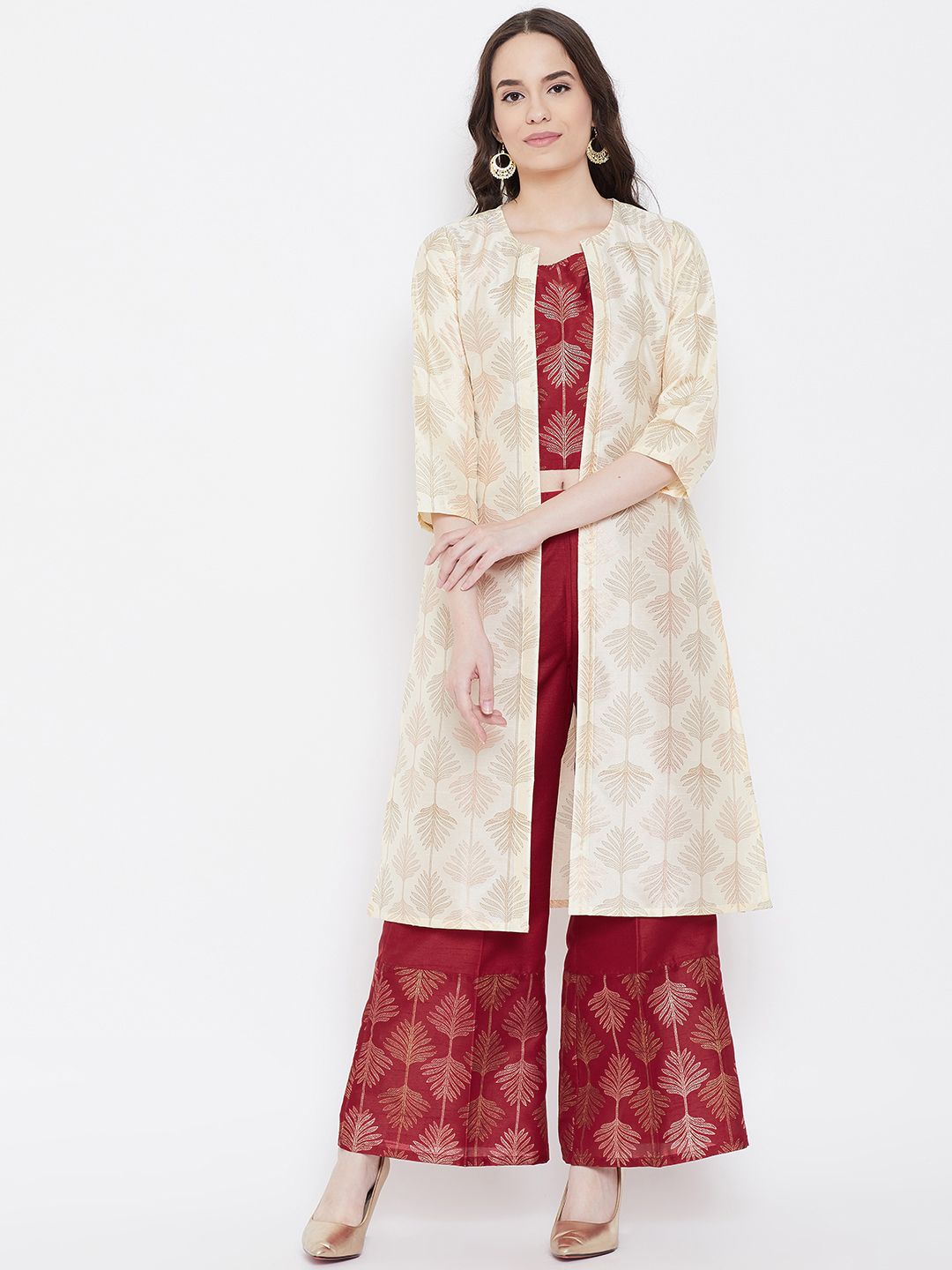 Be Indi Women Maroon & Beige Block Print Top with Palazzos & Shrug Price in India